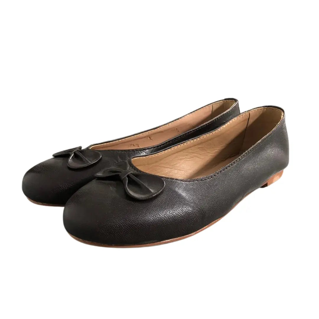 Elegant Sanis Black Leather Ballet Flats with Bow Detail Sanis Shoes