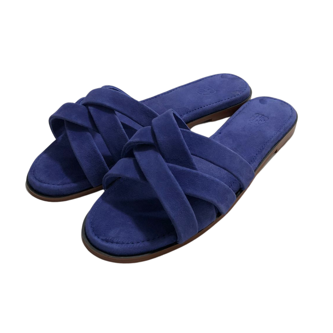 Sanis Women’s Navy Blue Suede Cross-Strap Slides Sanis Shoes